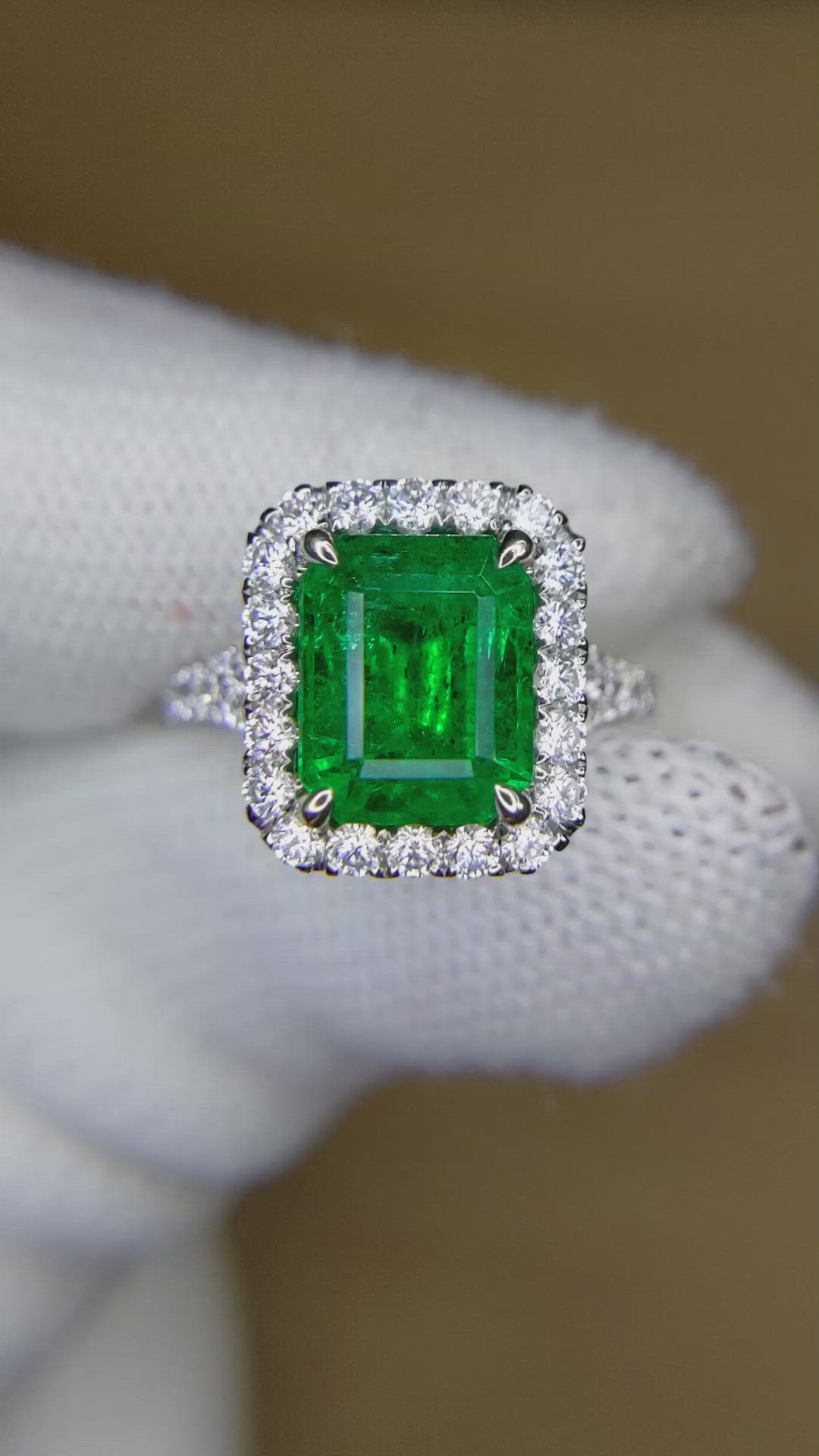 3.48 Ct. Emerald and Natural Diamond Pave Ring, 18K White Gold Size Video