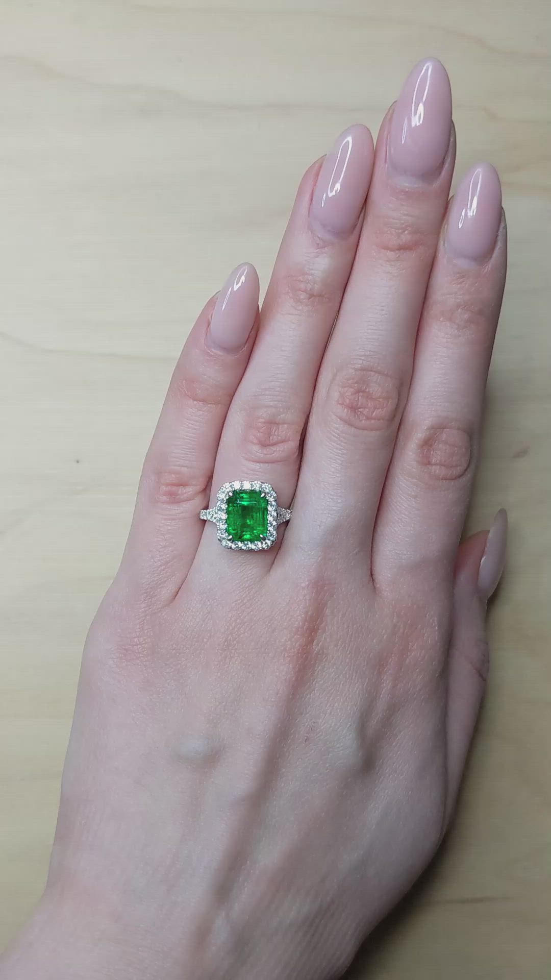 3.48 Ct. Emerald and Natural Diamond Pave Ring, 18K White Gold Size Video