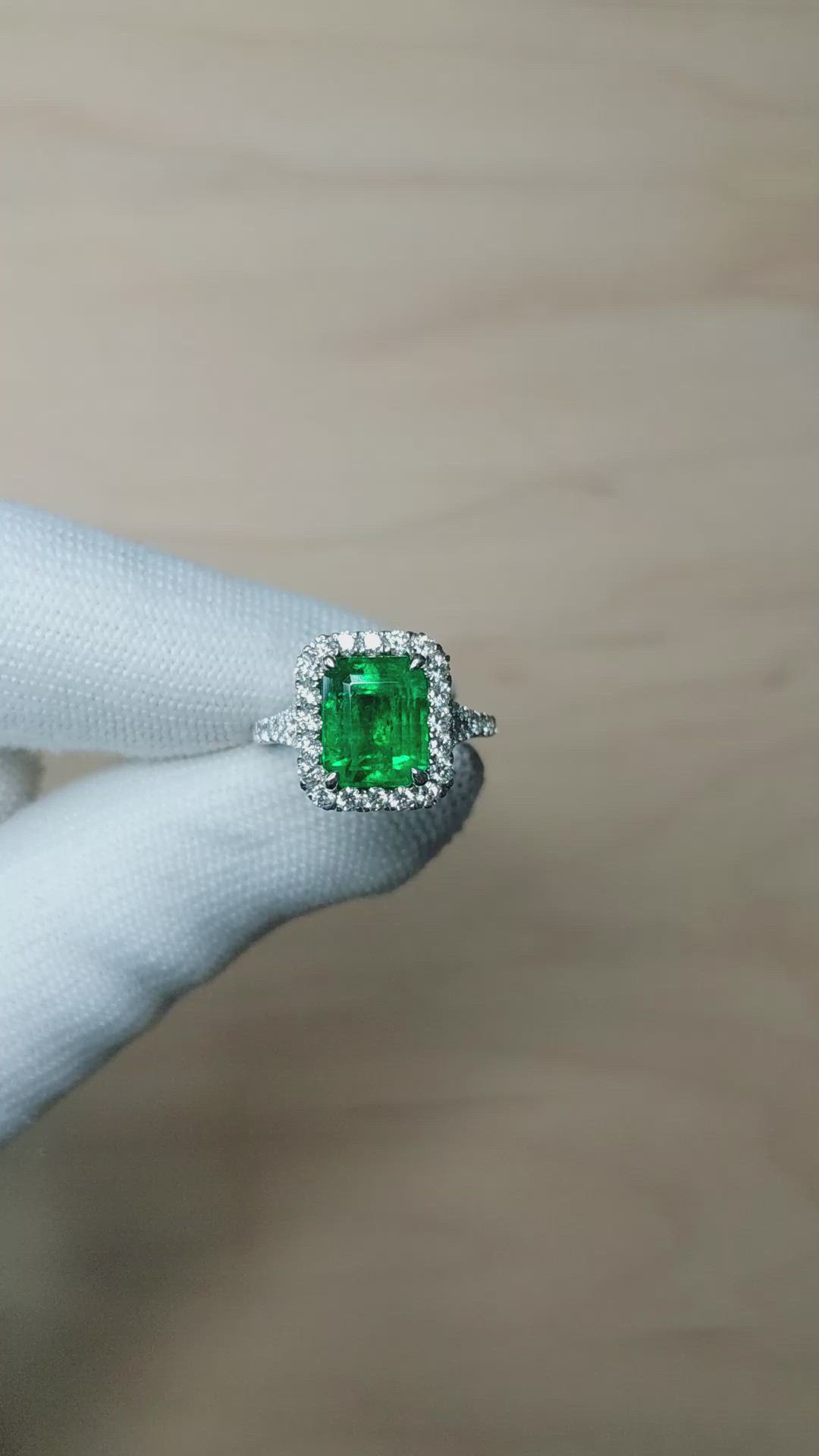 3.48 Ct. Emerald and Natural Diamond Pave Ring, 18K White Gold Size Video