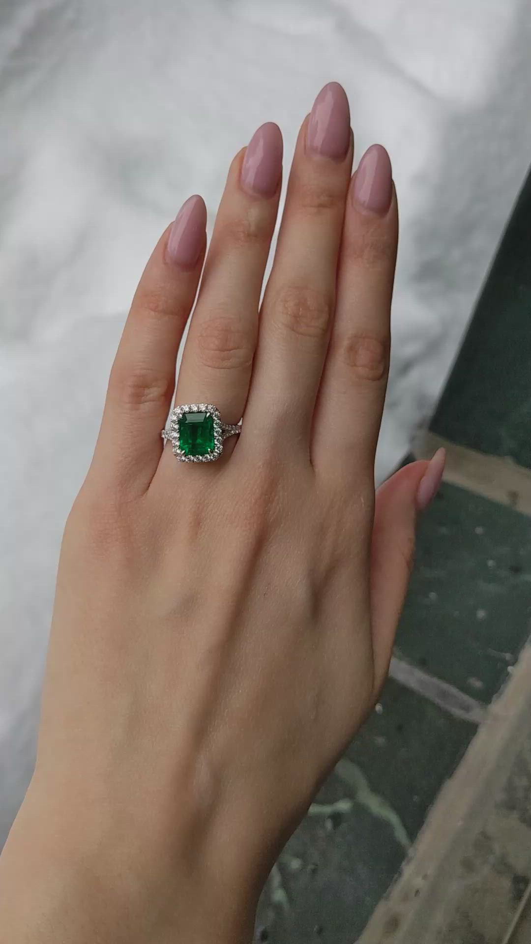 3.48 Ct. Emerald and Natural Diamond Pave Ring, 18K White Gold Size Video