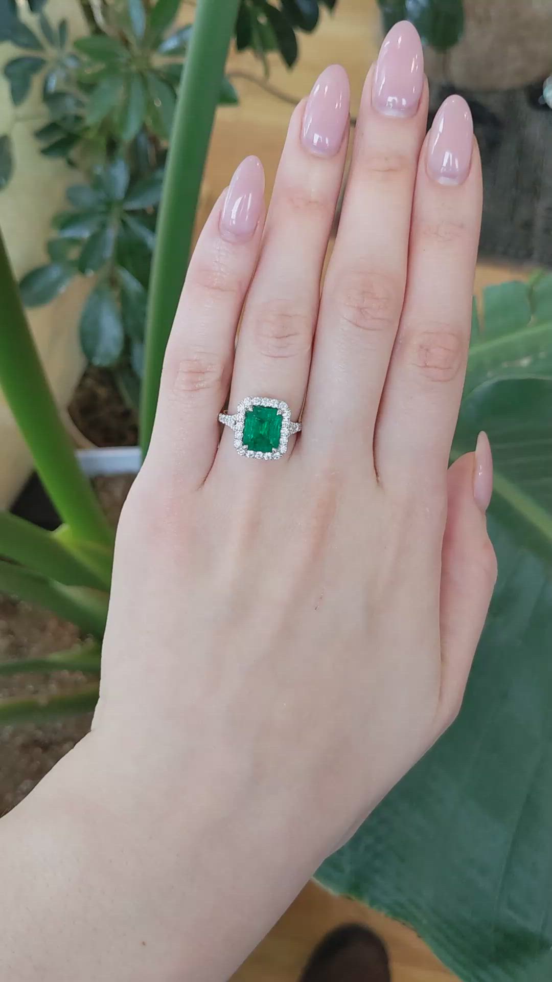 3.48 Ct. Emerald and Natural Diamond Pave Ring, 18K White Gold Size Video