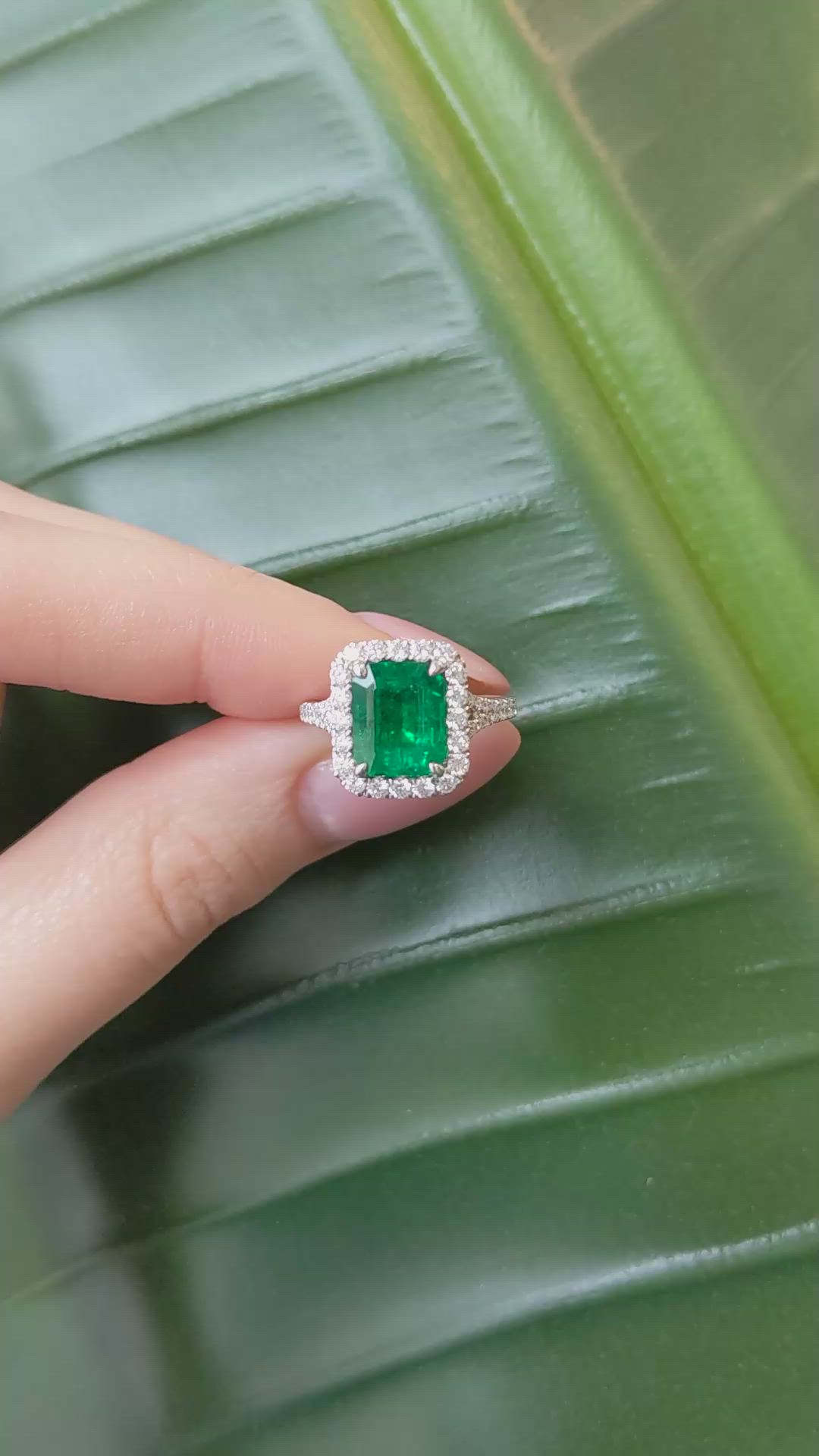 3.48 Ct. Emerald and Natural Diamond Pave Ring, 18K White Gold Size Video