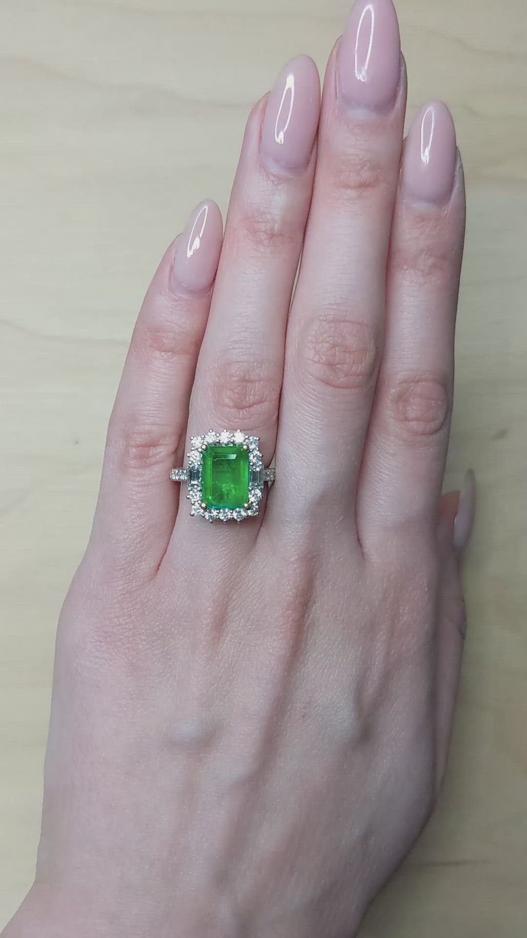 4.20 Ct. Emerald and Natural Diamond Pave Ring, 18K White & Yellow Size Video