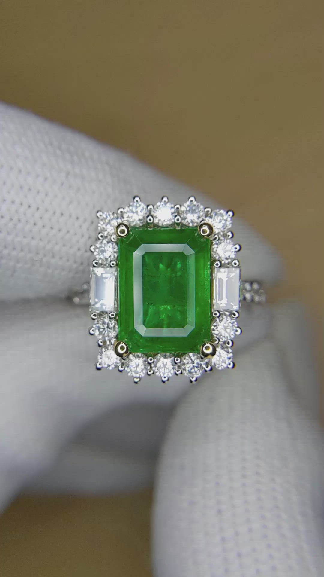 4.20 Ct. Emerald and Natural Diamond Pave Ring, 18K White & Yellow Size Video