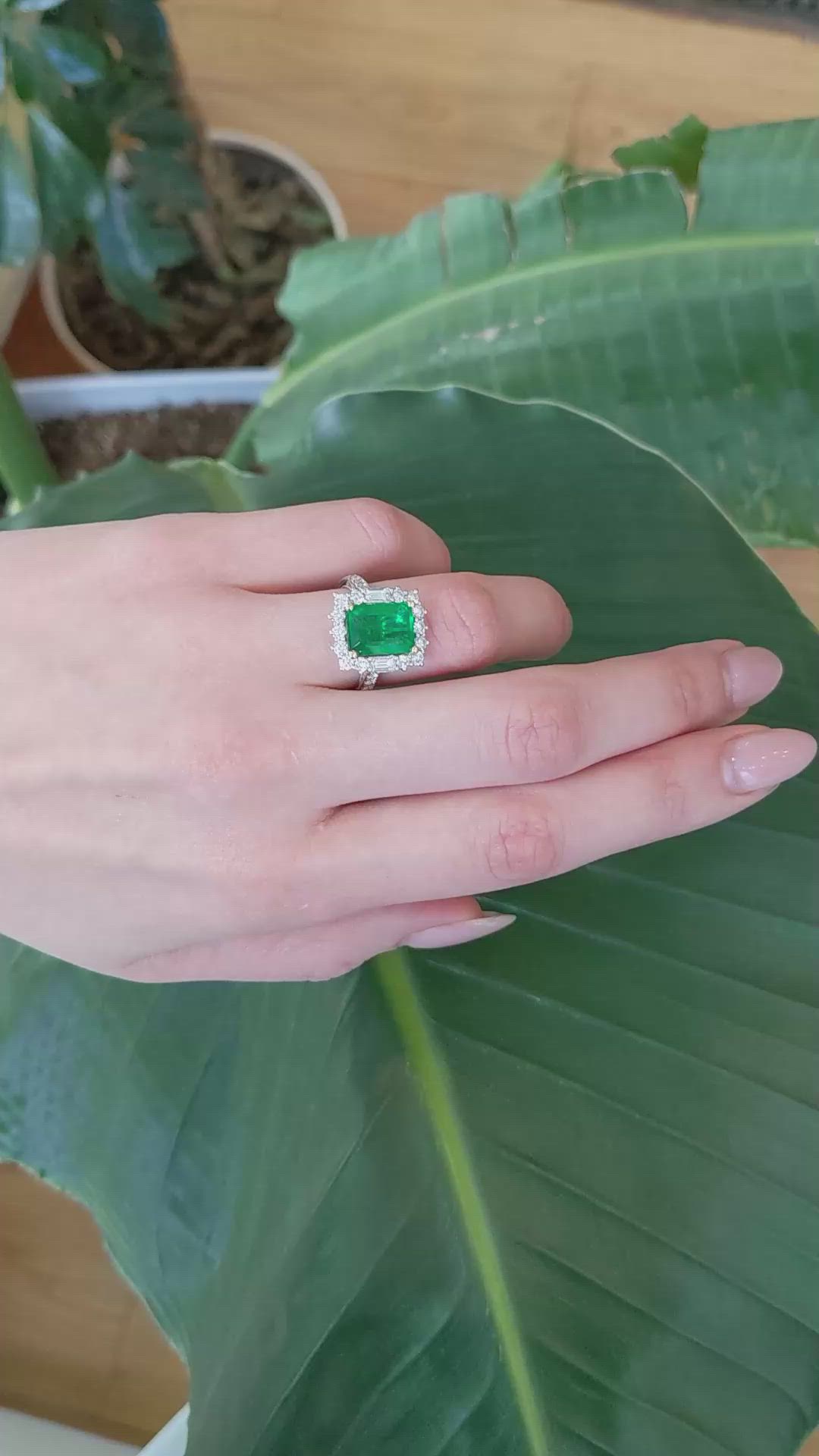 4.20 Ct. Emerald and Natural Diamond Pave Ring, 18K White & Yellow Size Video
