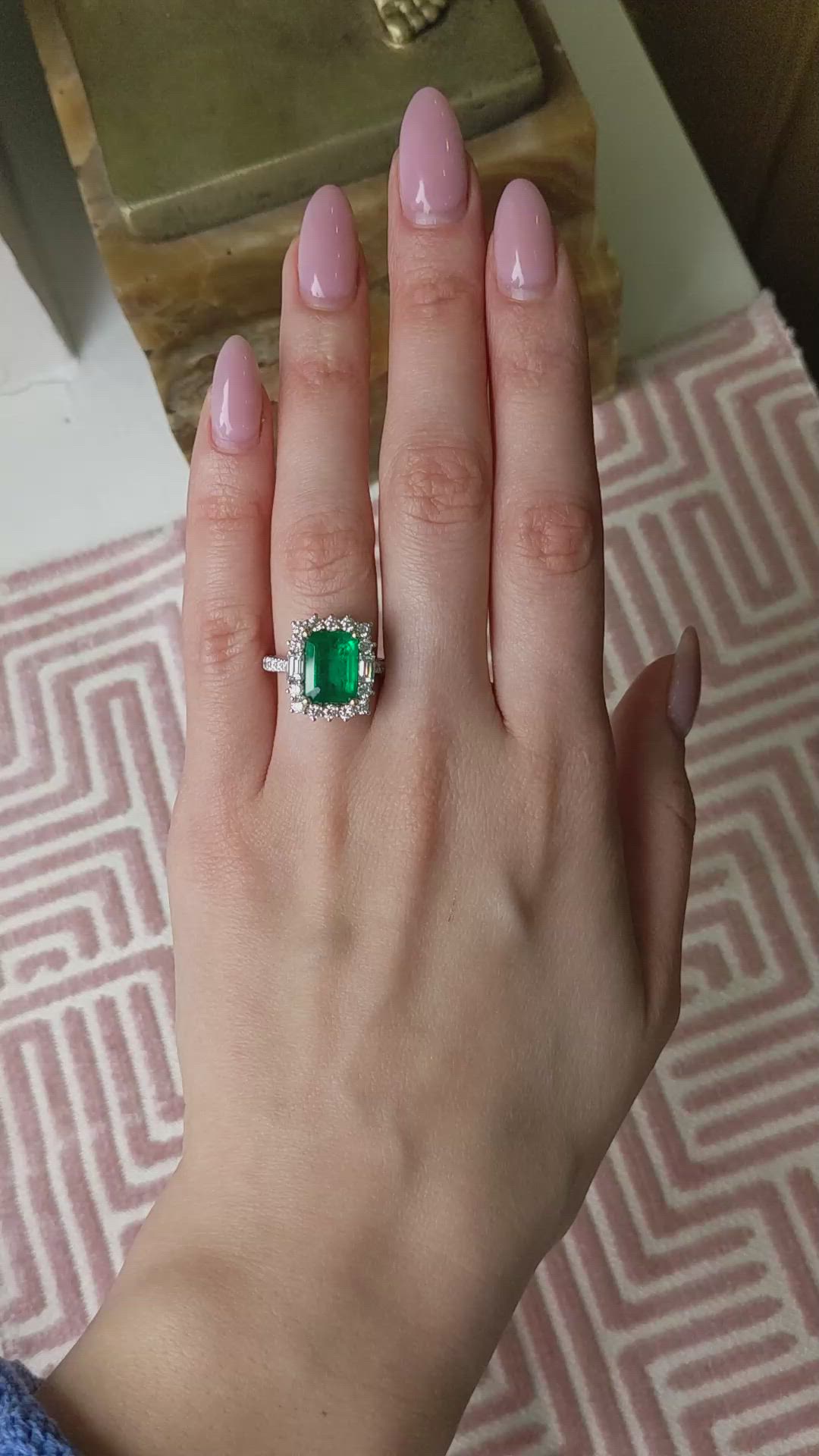 4.20 Ct. Emerald and Natural Diamond Pave Ring, 18K White & Yellow Size Video
