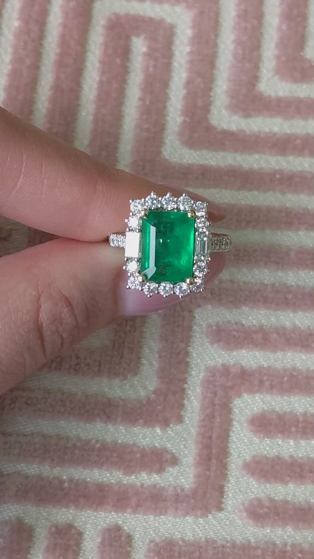 4.20 Ct. Emerald and Natural Diamond Pave Ring, 18K White & Yellow Size Video
