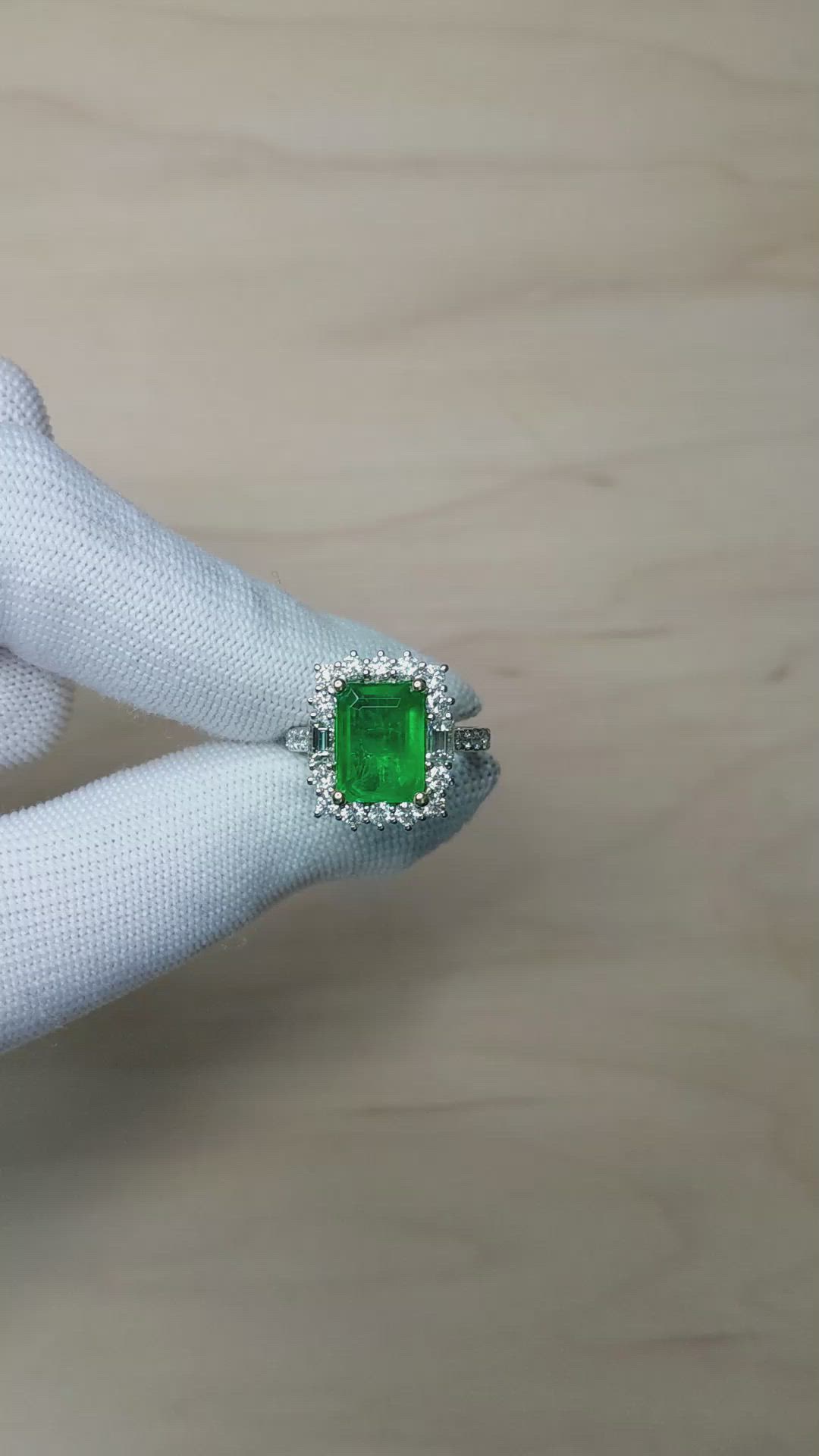 4.20 Ct. Emerald and Natural Diamond Pave Ring, 18K White & Yellow Size Video