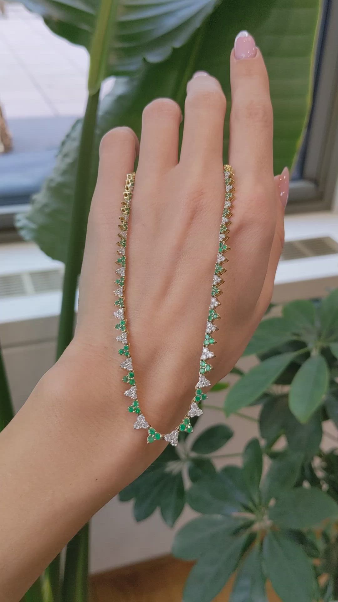 1.39 Ct. Emerald and Natural Diamond Pave Necklace, 14K Yellow Gold Size Video