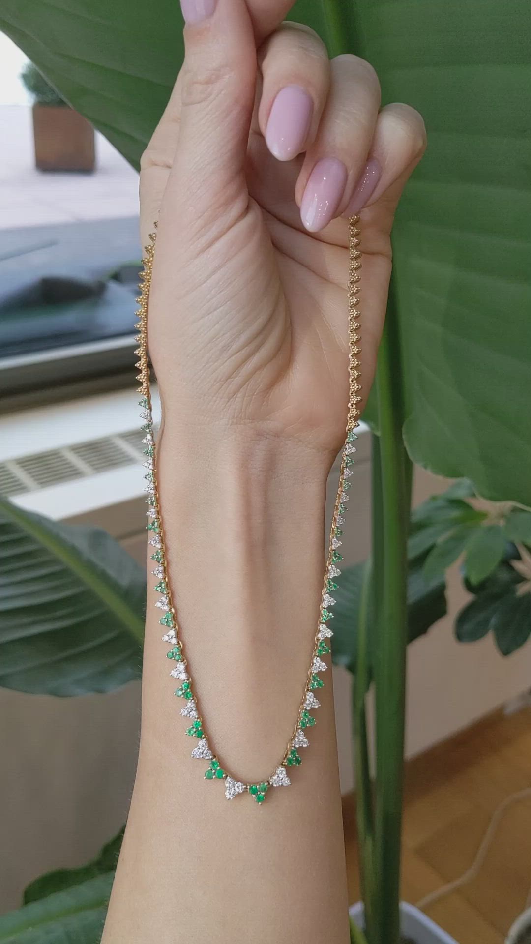 1.39 Ct. Emerald and Natural Diamond Pave Necklace, 14K Yellow Gold Size Video