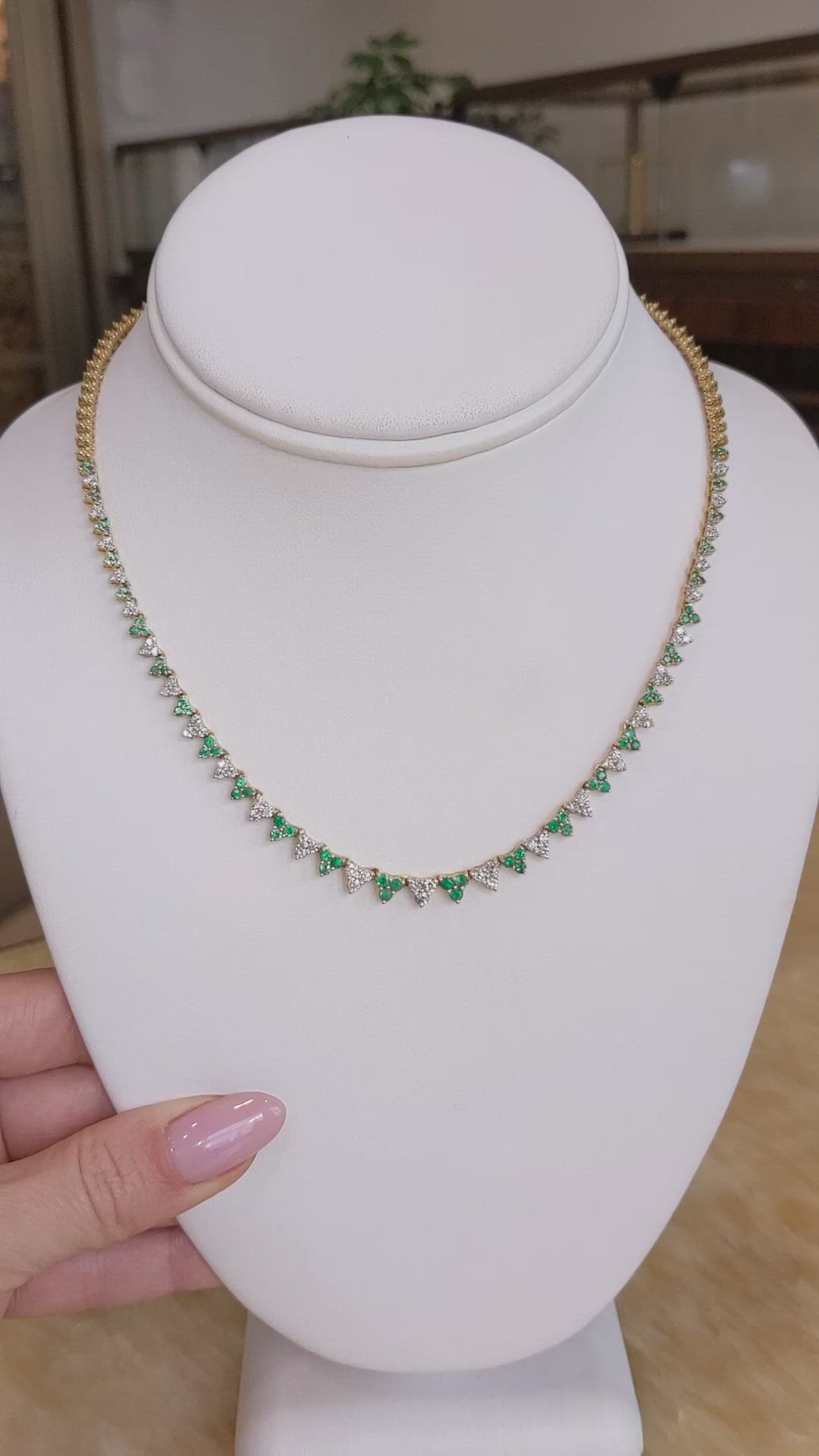 1.39 Ct. Emerald and Natural Diamond Pave Necklace, 14K Yellow Gold Size Video
