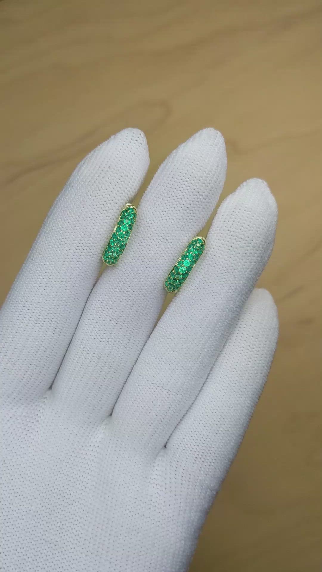 2.62 Ct.Tw.Total Carat Weight Emerald Pave Earrings, 14K Yellow Gold Size Video