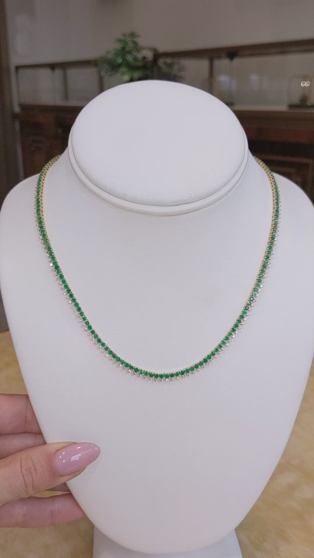 5.20 Ct. Emerald and Natural Diamond Pave Necklace, 14K Yellow Gold Size Video