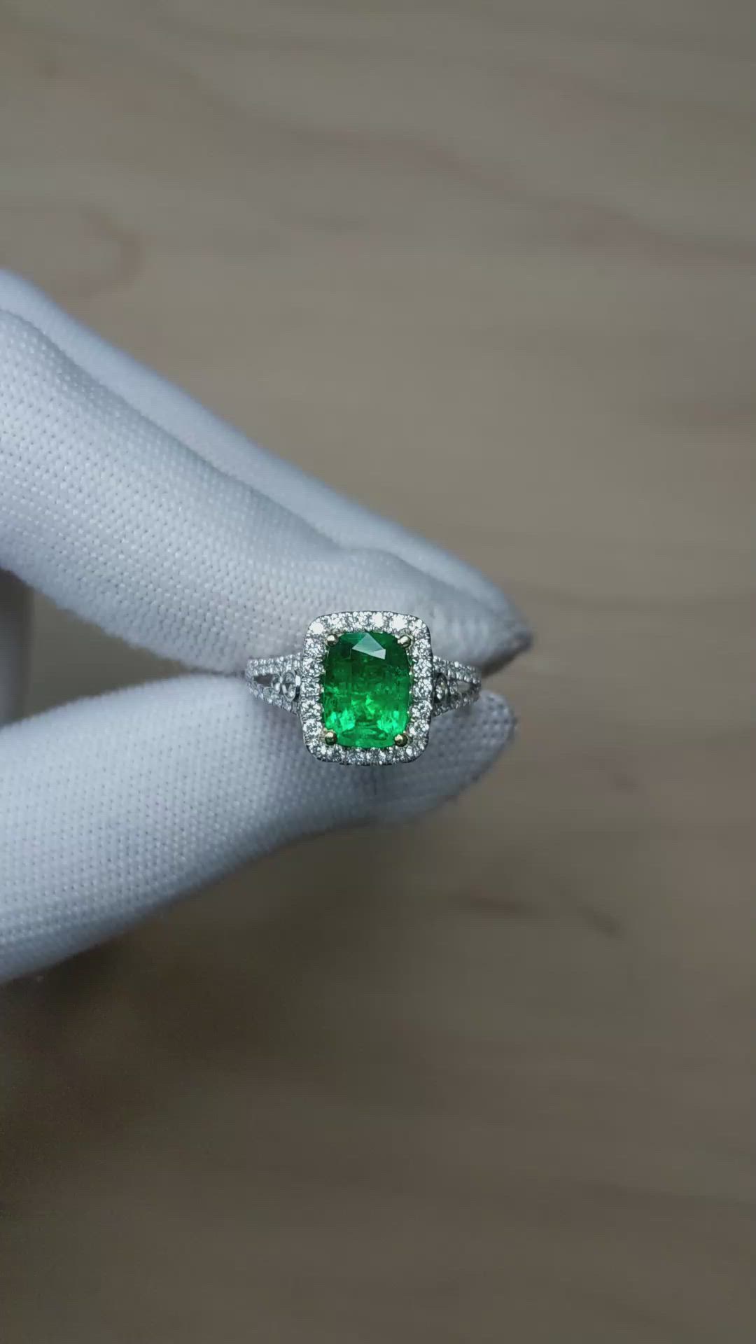 1.79 Ct. Emerald and Natural Diamond Pave Ring, 18K White & Yellow Size Video