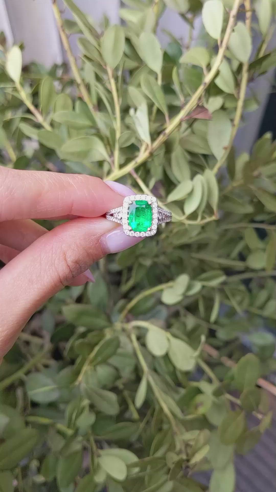 1.79 Ct. Emerald and Natural Diamond Pave Ring, 18K White & Yellow Size Video