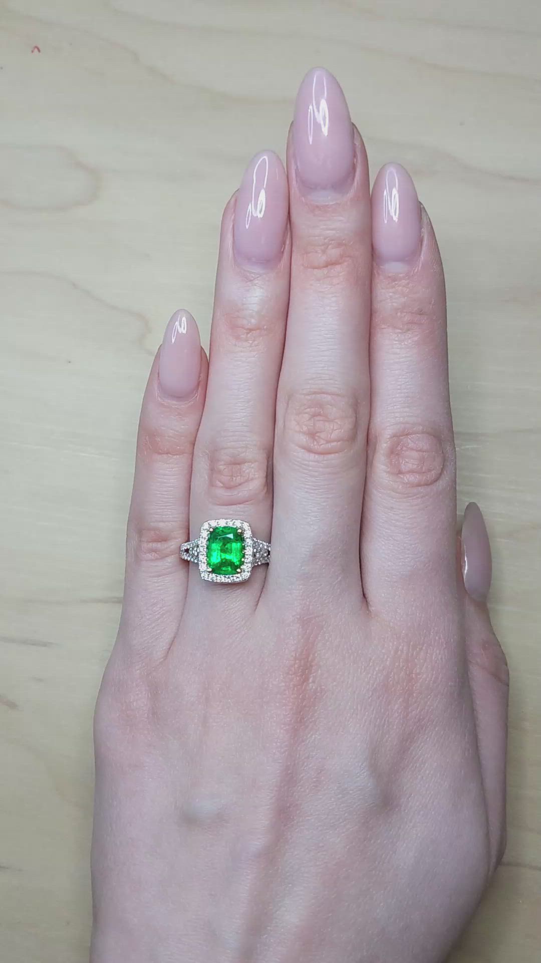 1.79 Ct. Emerald and Natural Diamond Pave Ring, 18K White & Yellow Size Video