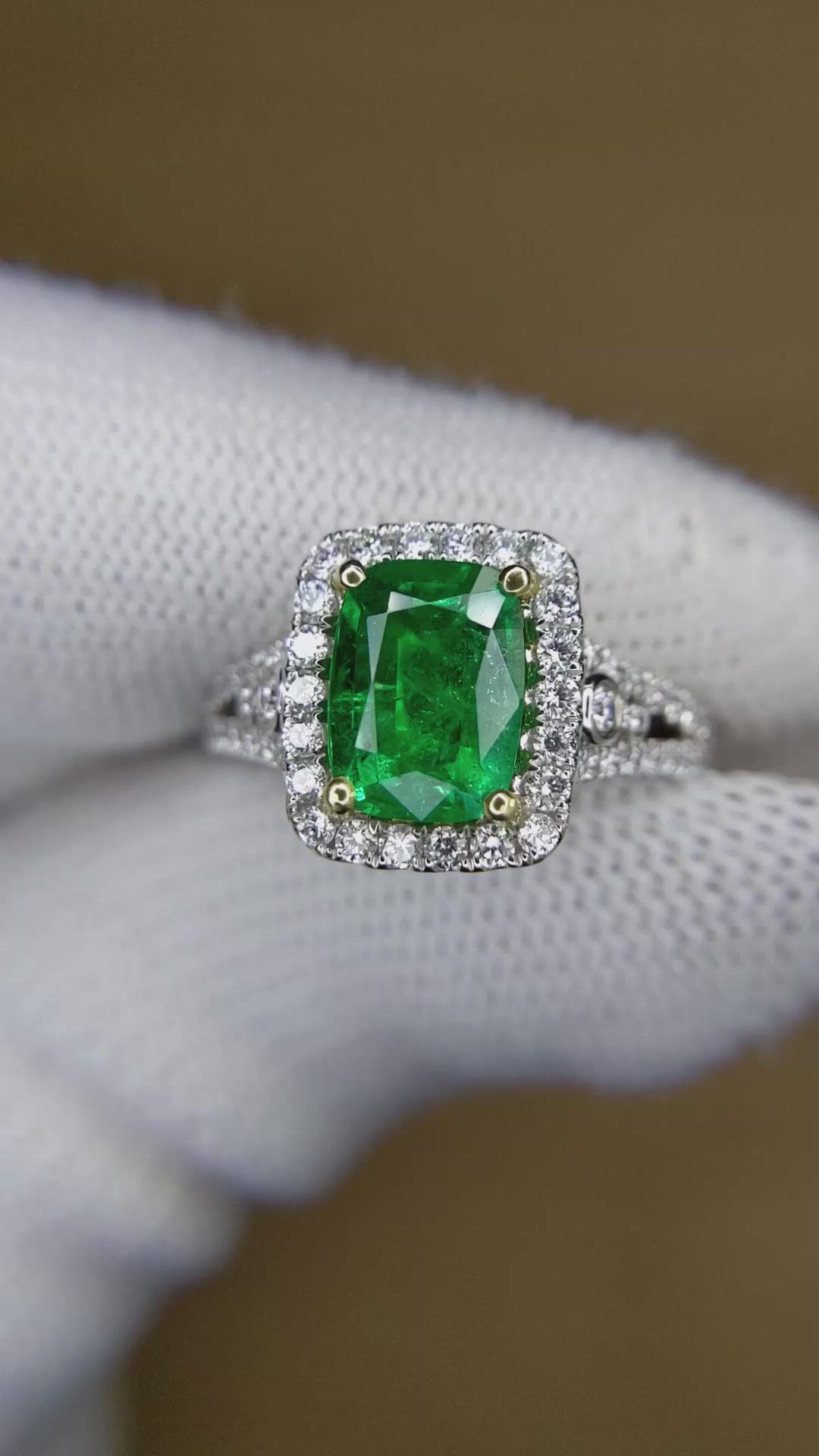 1.79 Ct. Emerald and Natural Diamond Pave Ring, 18K White & Yellow Size Video