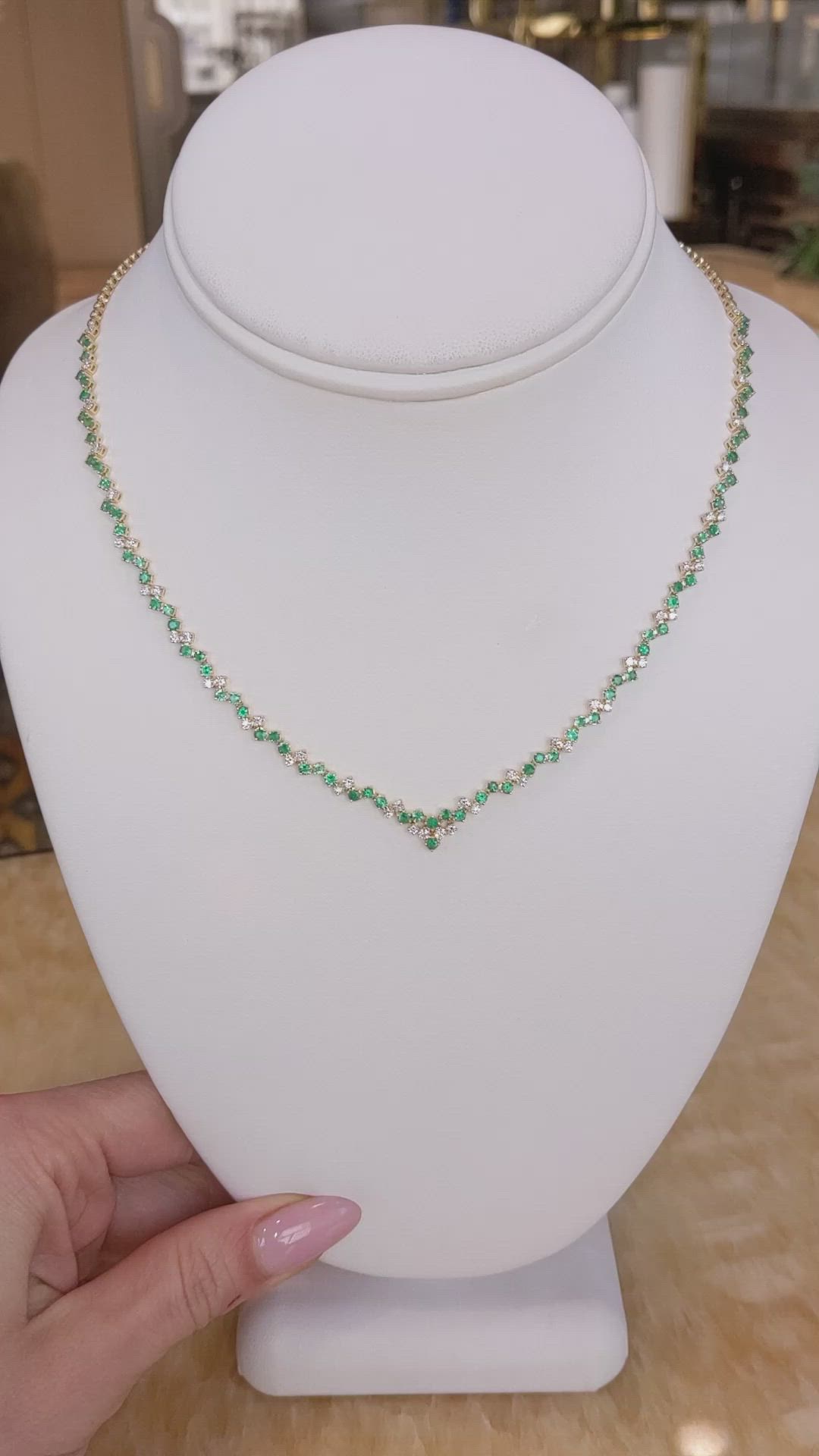 2.57 Ct. Emerald and Natural Diamond Pave Necklace, 14K Yellow Gold Size Video