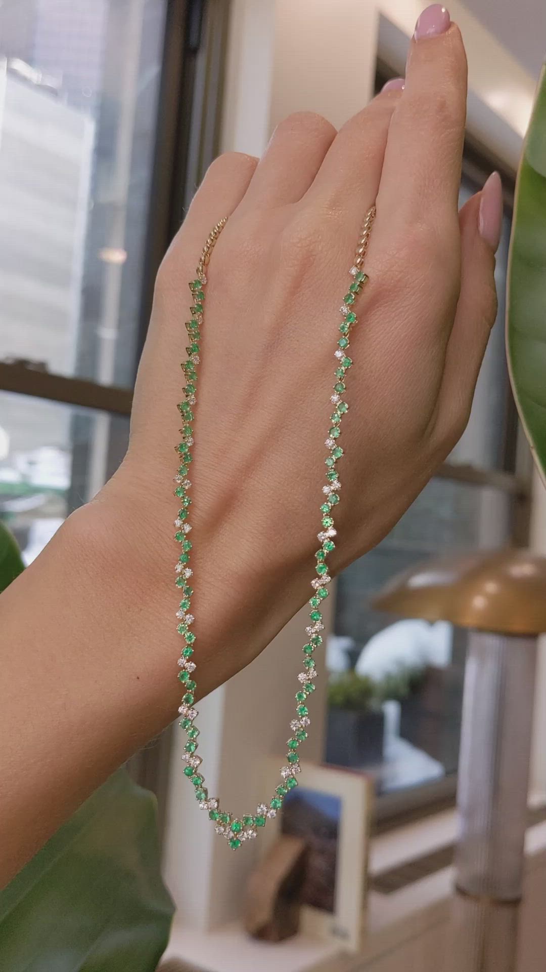 2.57 Ct. Emerald and Natural Diamond Pave Necklace, 14K Yellow Gold Size Video