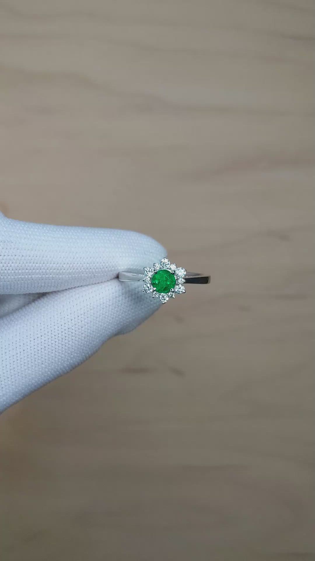 0.54 Ct. Emerald and Natural Diamond Pave Ring, 14K White Gold Size Video
