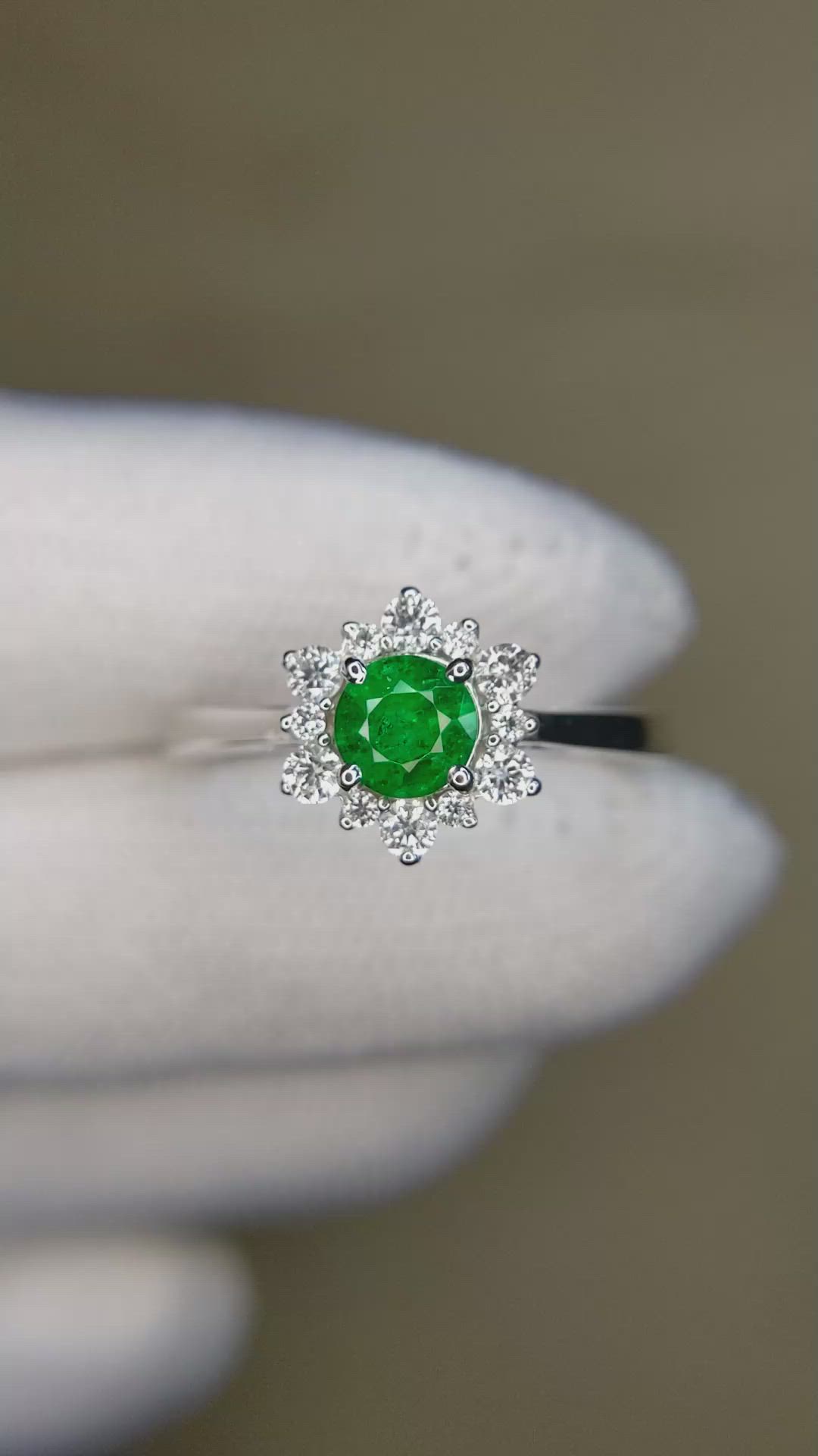 0.54 Ct. Emerald and Natural Diamond Pave Ring, 14K White Gold Size Video