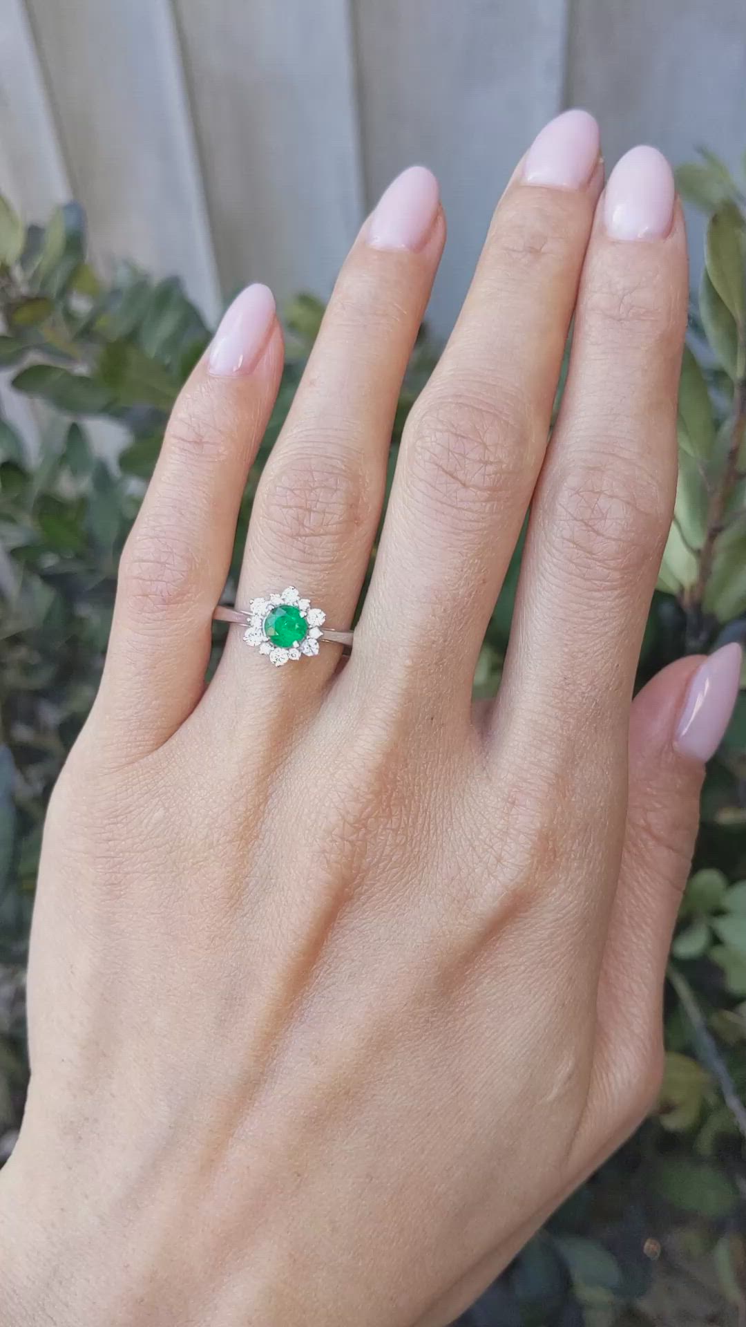 0.54 Ct. Emerald and Natural Diamond Pave Ring, 14K White Gold Size Video