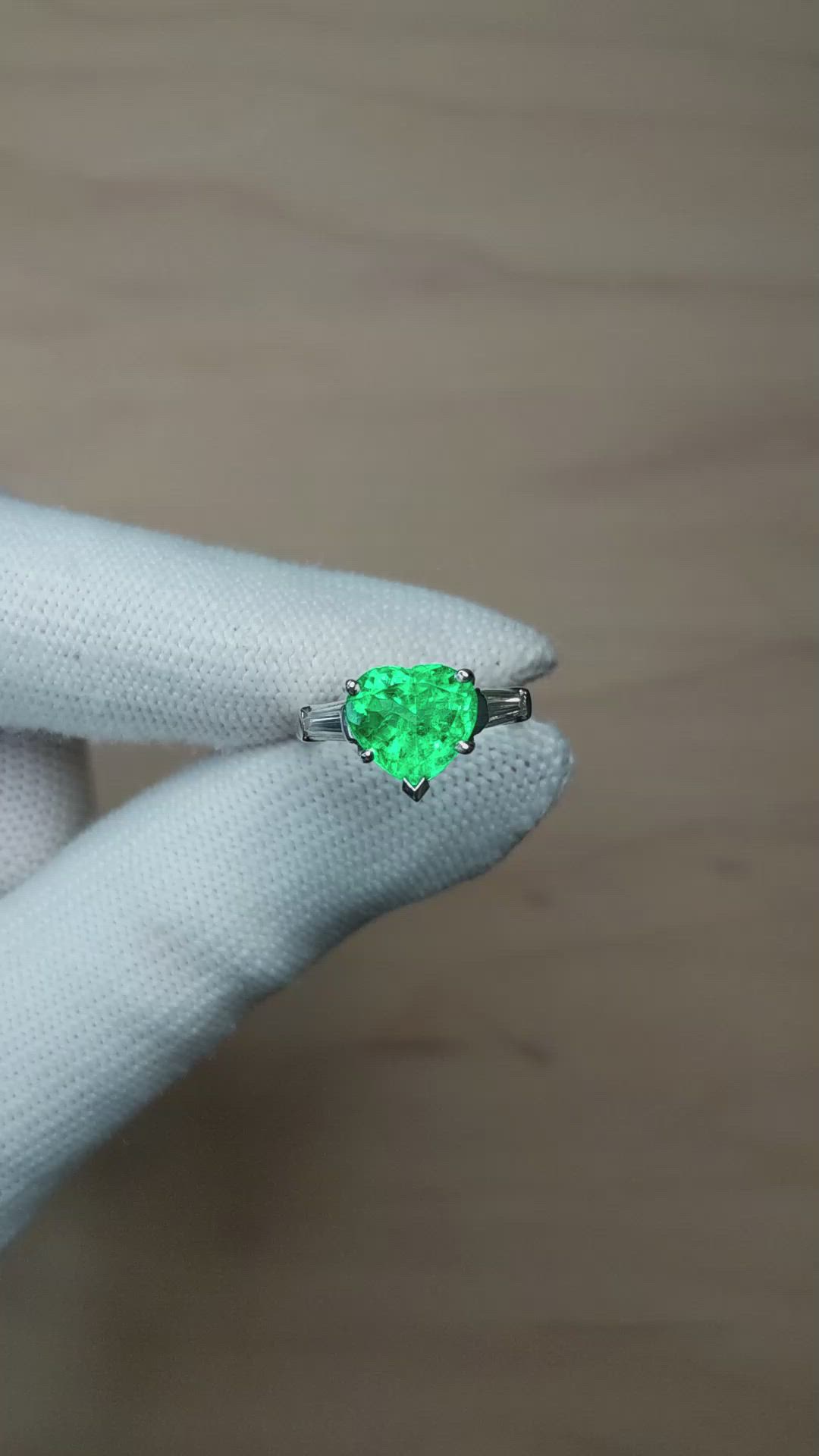 2.62 Ct.Tw.Total Carat Weight Emerald and Natural Diamond Three Stone Ring, Platinum 950 Size Video