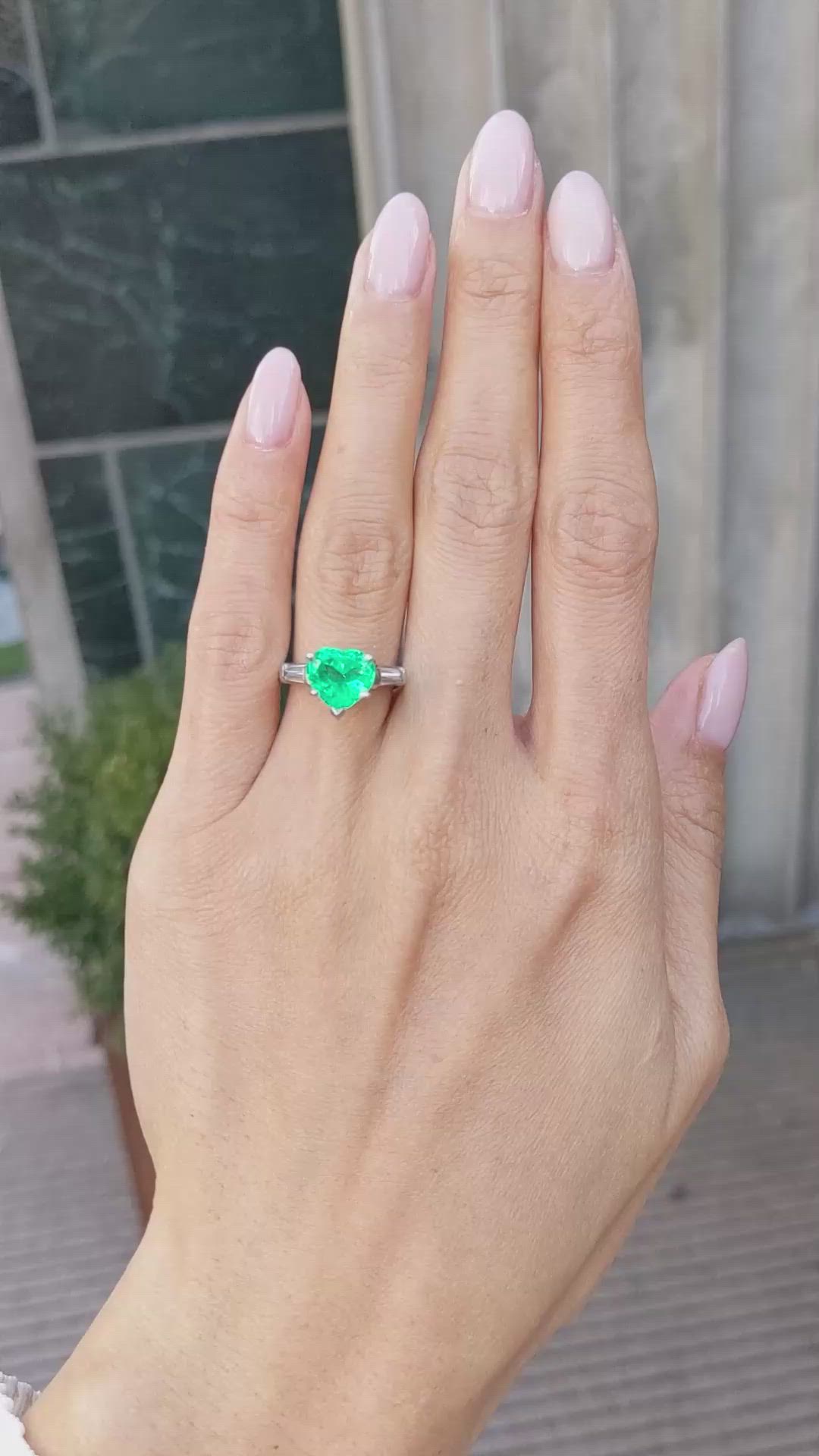 2.62 Ct.Tw.Total Carat Weight Emerald and Natural Diamond Three Stone Ring, Platinum 950 Size Video