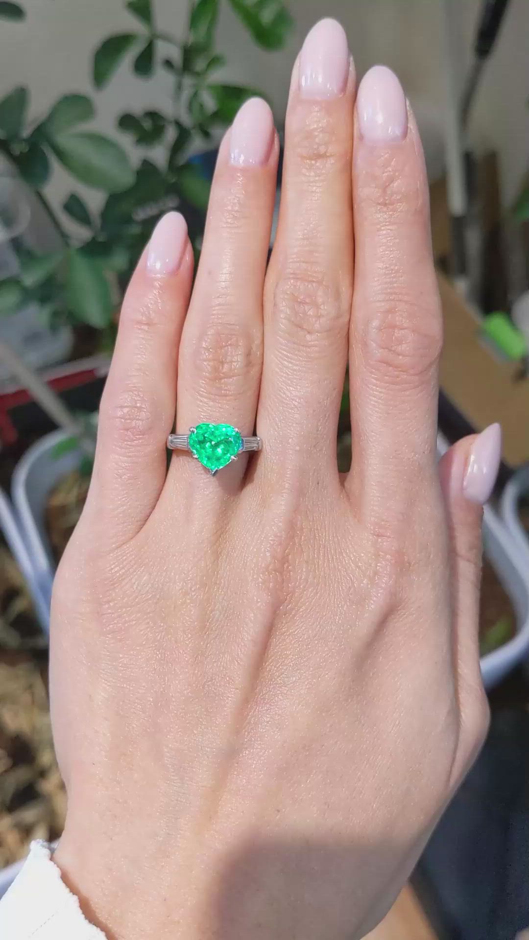 2.62 Ct.Tw.Total Carat Weight Emerald and Natural Diamond Three Stone Ring, Platinum 950 Size Video