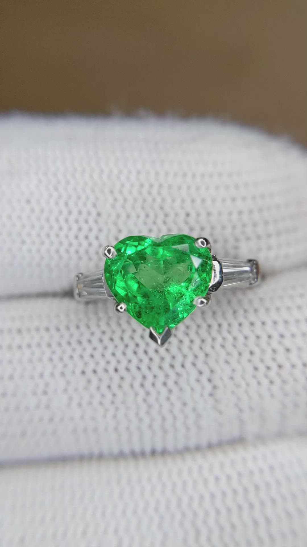 2.62 Ct.Tw.Total Carat Weight Emerald and Natural Diamond Three Stone Ring, Platinum 950 Size Video
