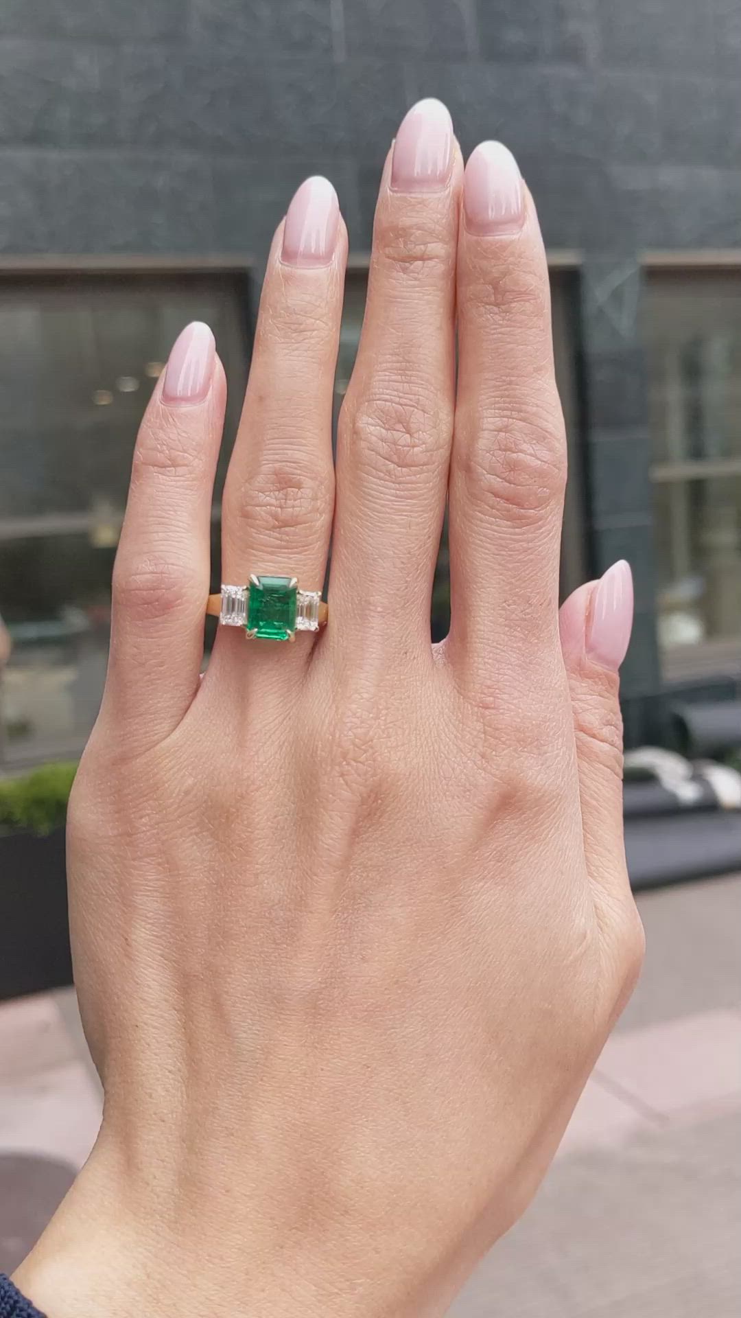 2.47 Ct. Emerald and Natural Diamond Three Stone Ring, 18K Yellow Gold Size Video