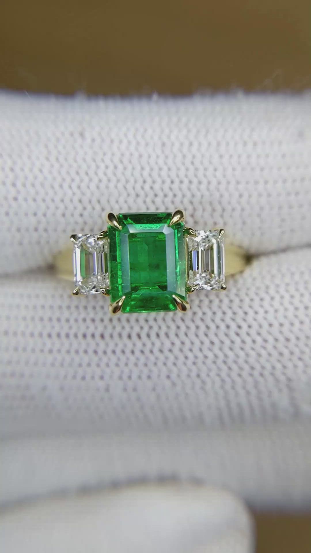 2.47 Ct. Emerald and Natural Diamond Three Stone Ring, 18K Yellow Gold Size Video