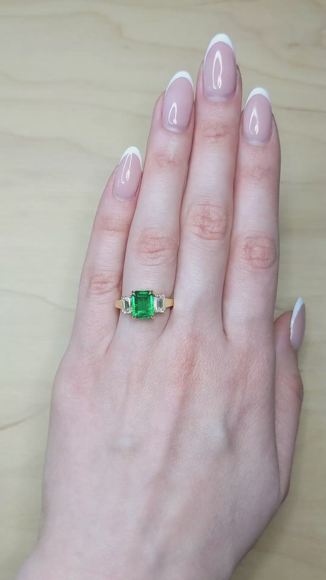 2.47 Ct. Emerald and Natural Diamond Three Stone Ring, 18K Yellow Gold Size Video
