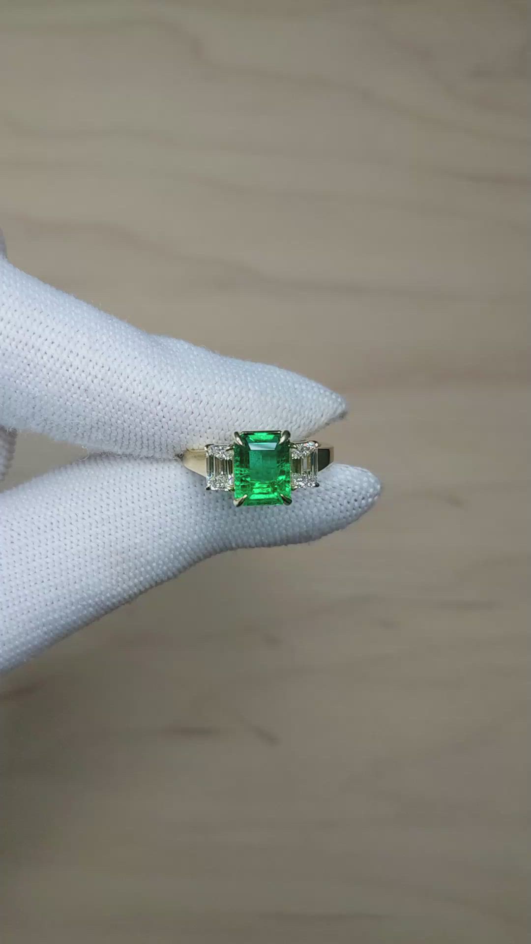 2.47 Ct. Emerald and Natural Diamond Three Stone Ring, 18K Yellow Gold Size Video