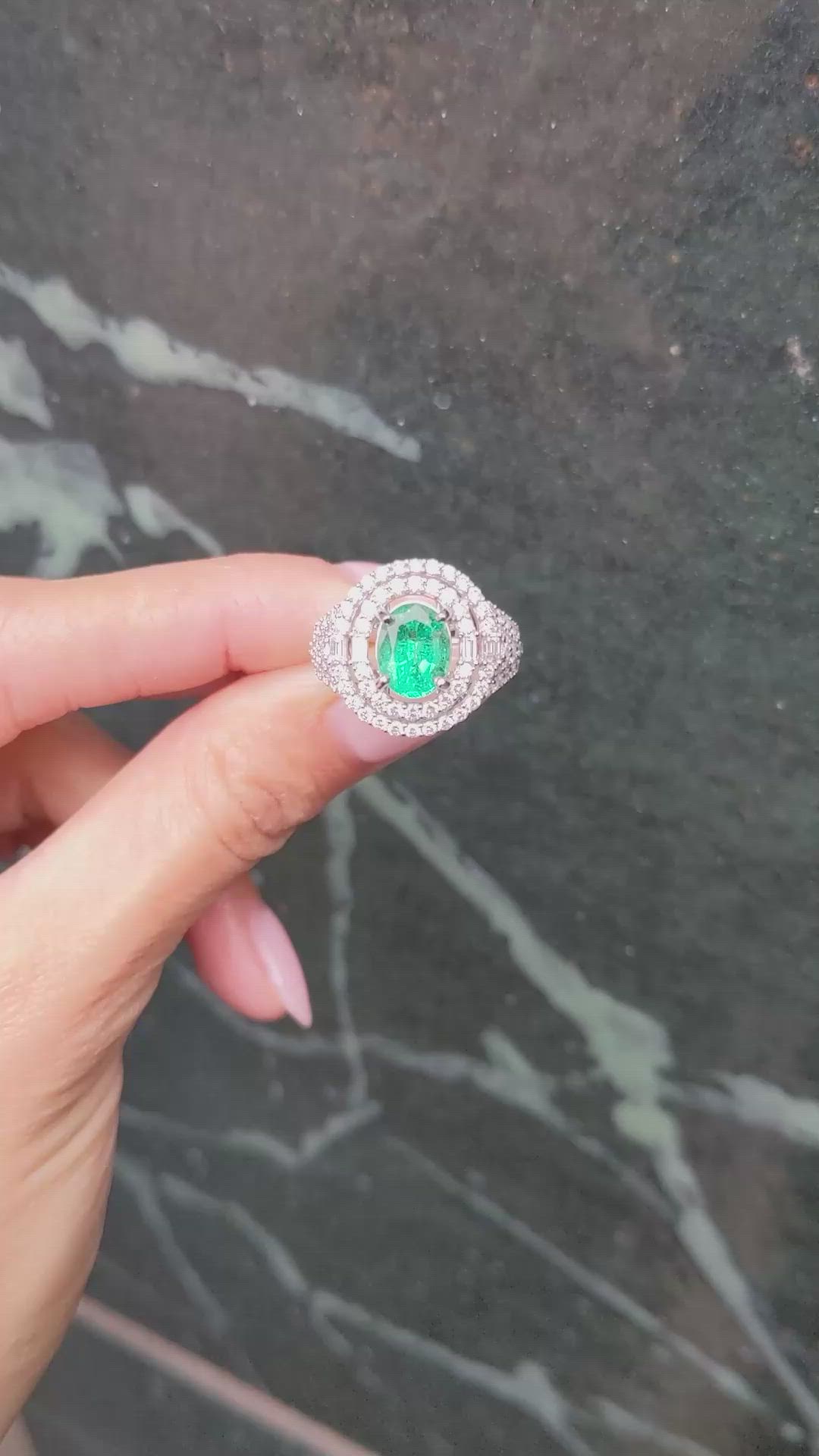 2.00 Ct. Emerald and Natural Diamond Pave Ring, 18K White Gold Size Video