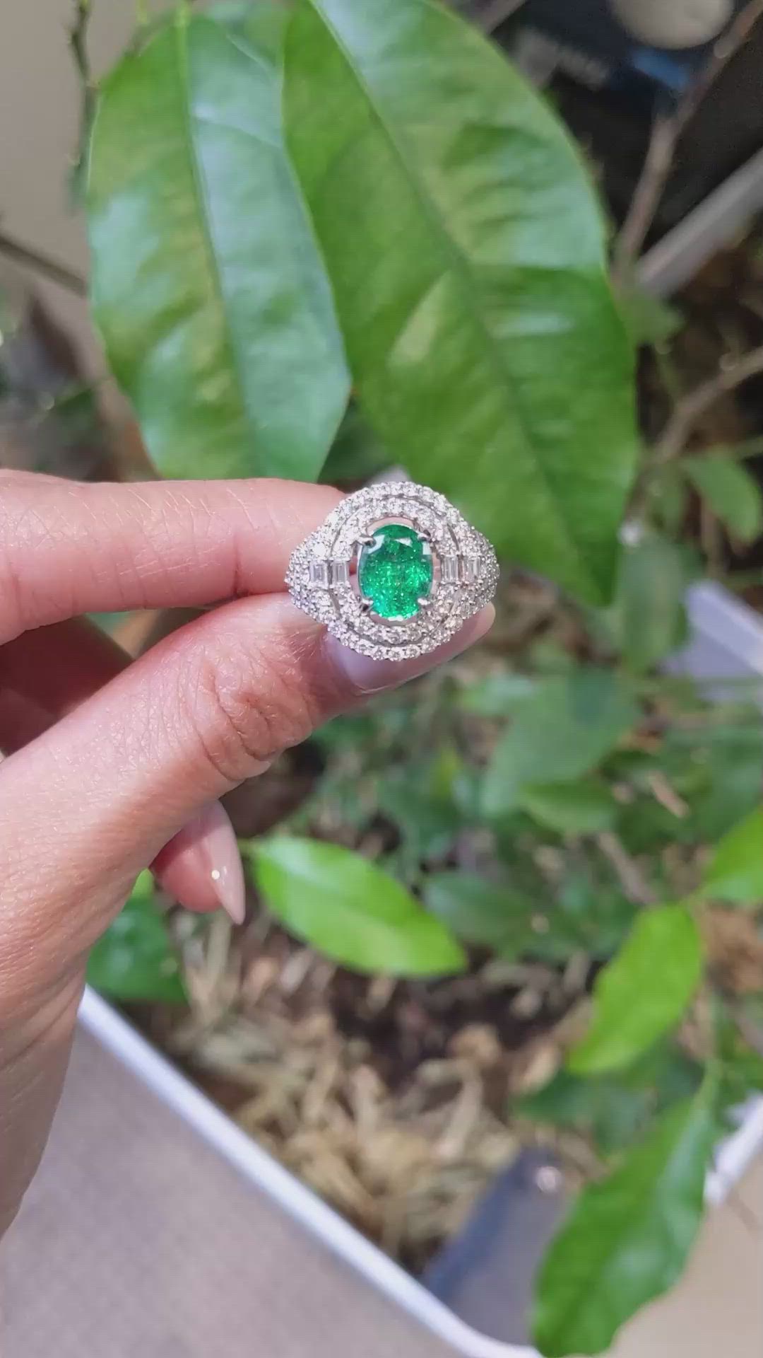 2.00 Ct. Emerald and Natural Diamond Pave Ring, 18K White Gold Size Video