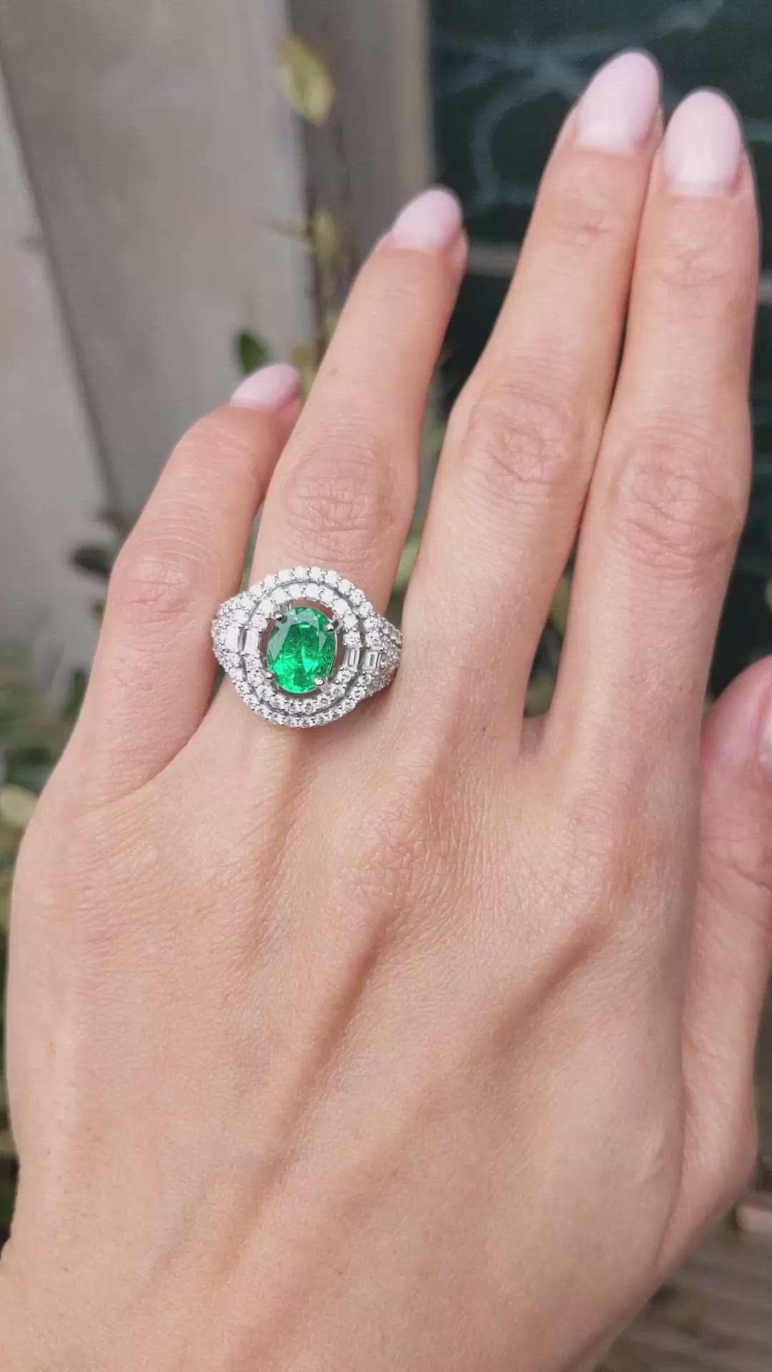2.00 Ct. Emerald and Natural Diamond Pave Ring, 18K White Gold Size Video