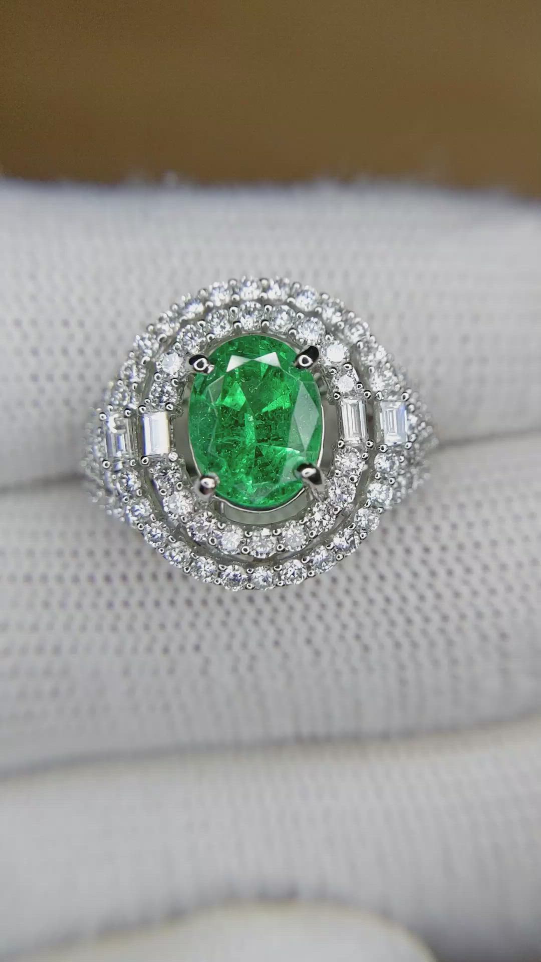 2.00 Ct. Emerald and Natural Diamond Pave Ring, 18K White Gold Size Video