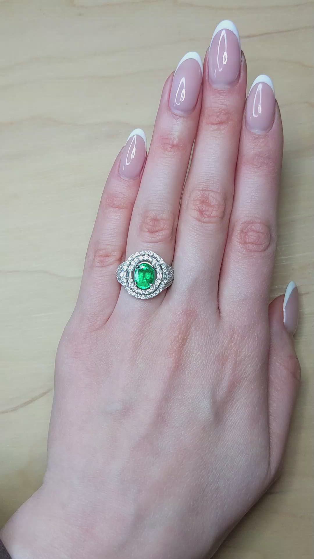 2.00 Ct. Emerald and Natural Diamond Pave Ring, 18K White Gold Size Video