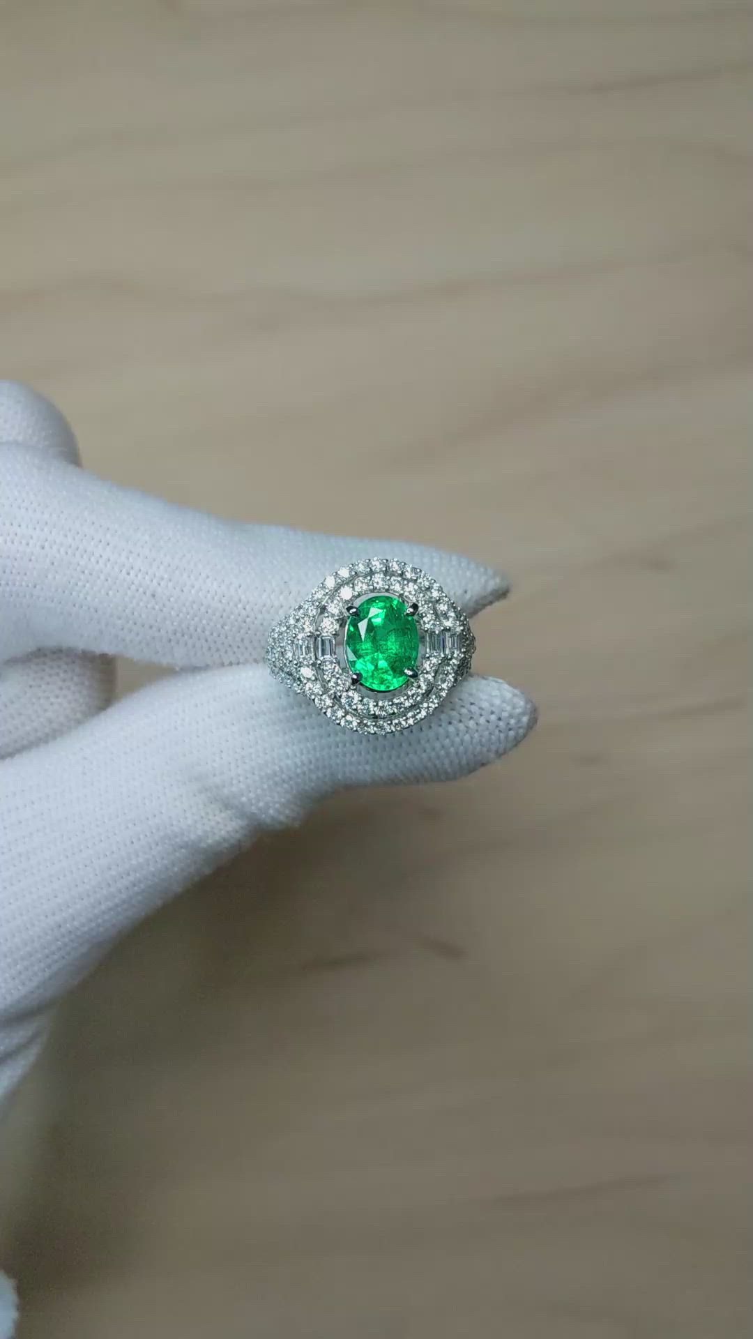 2.00 Ct. Emerald and Natural Diamond Pave Ring, 18K White Gold Size Video