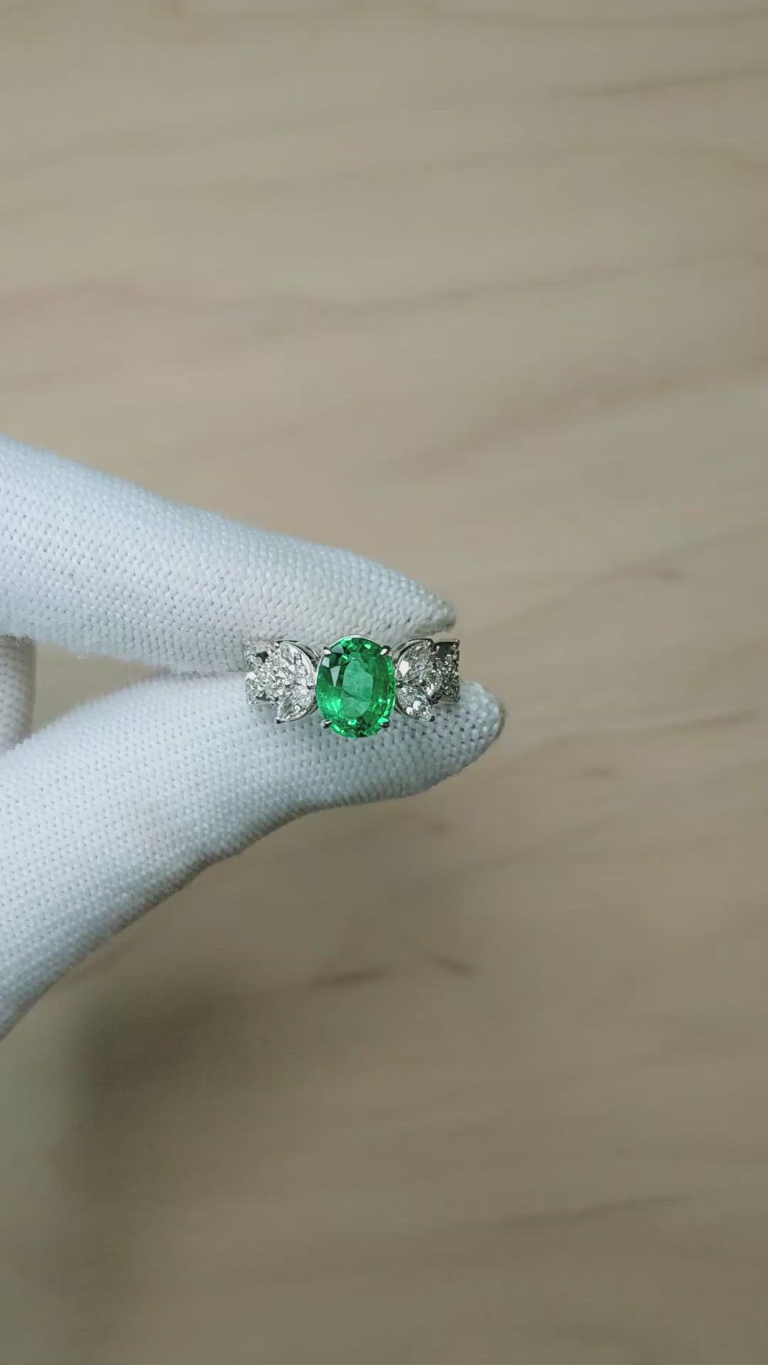 2.07 Ct. Emerald and Natural Diamond Pave Ring, 18K White Gold Size Video