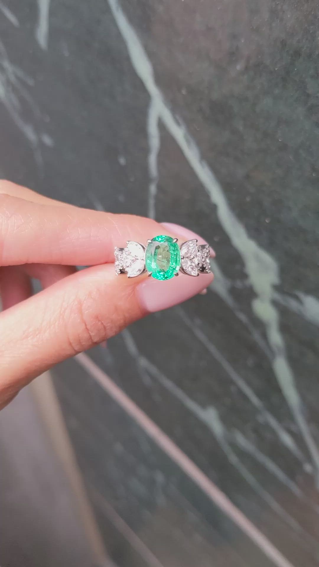 2.07 Ct. Emerald and Natural Diamond Pave Ring, 18K White Gold Size Video