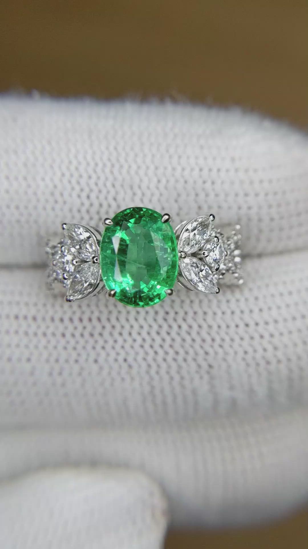 2.07 Ct. Emerald and Natural Diamond Pave Ring, 18K White Gold Size Video