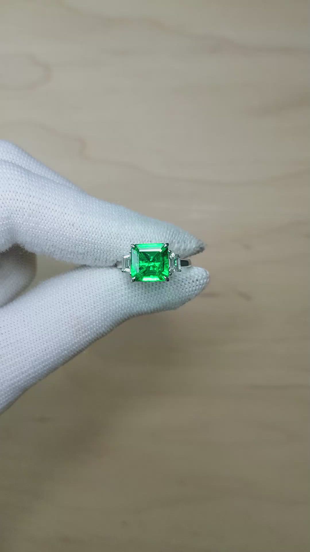 3.47 Ct. Emerald and Natural Diamond Three Stone Ring, 18K White Gold Size Video