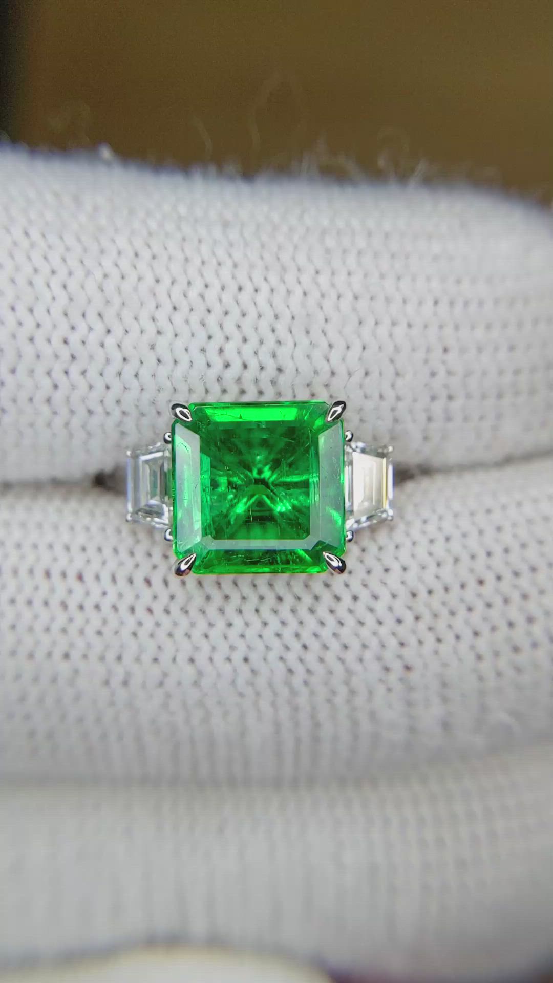 3.47 Ct. Emerald and Natural Diamond Three Stone Ring, 18K White Gold Size Video