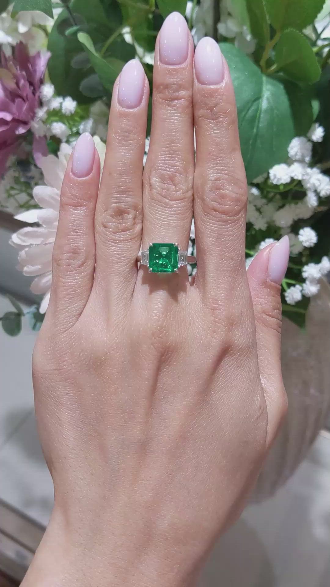 3.47 Ct. Emerald and Natural Diamond Three Stone Ring, 18K White Gold Size Video