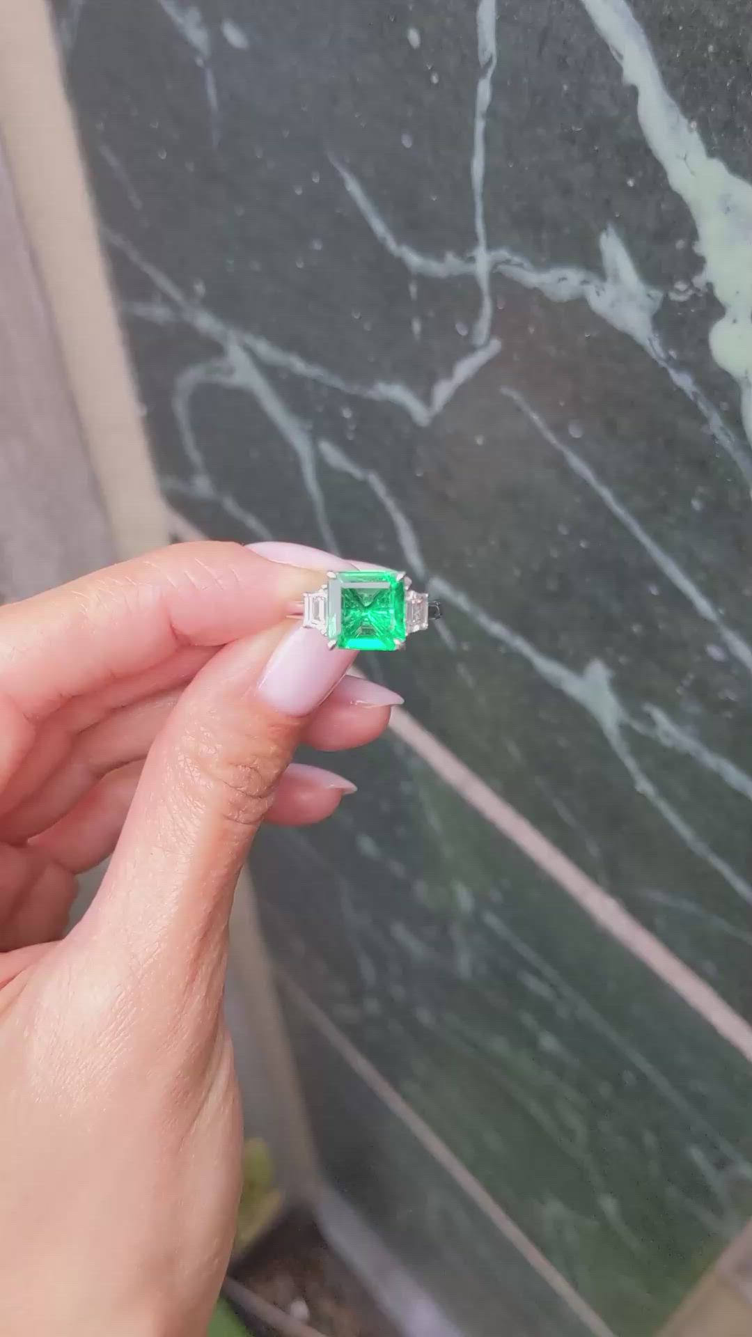3.47 Ct. Emerald and Natural Diamond Three Stone Ring, 18K White Gold Size Video