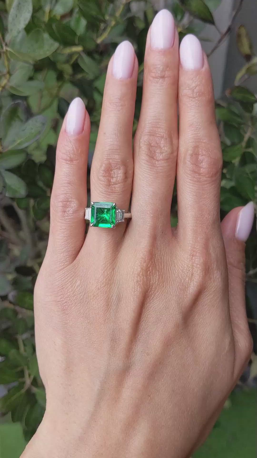 3.47 Ct. Emerald and Natural Diamond Three Stone Ring, 18K White Gold Size Video