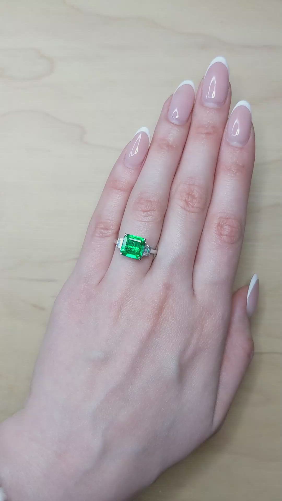 3.47 Ct. Emerald and Natural Diamond Three Stone Ring, 18K White Gold Size Video