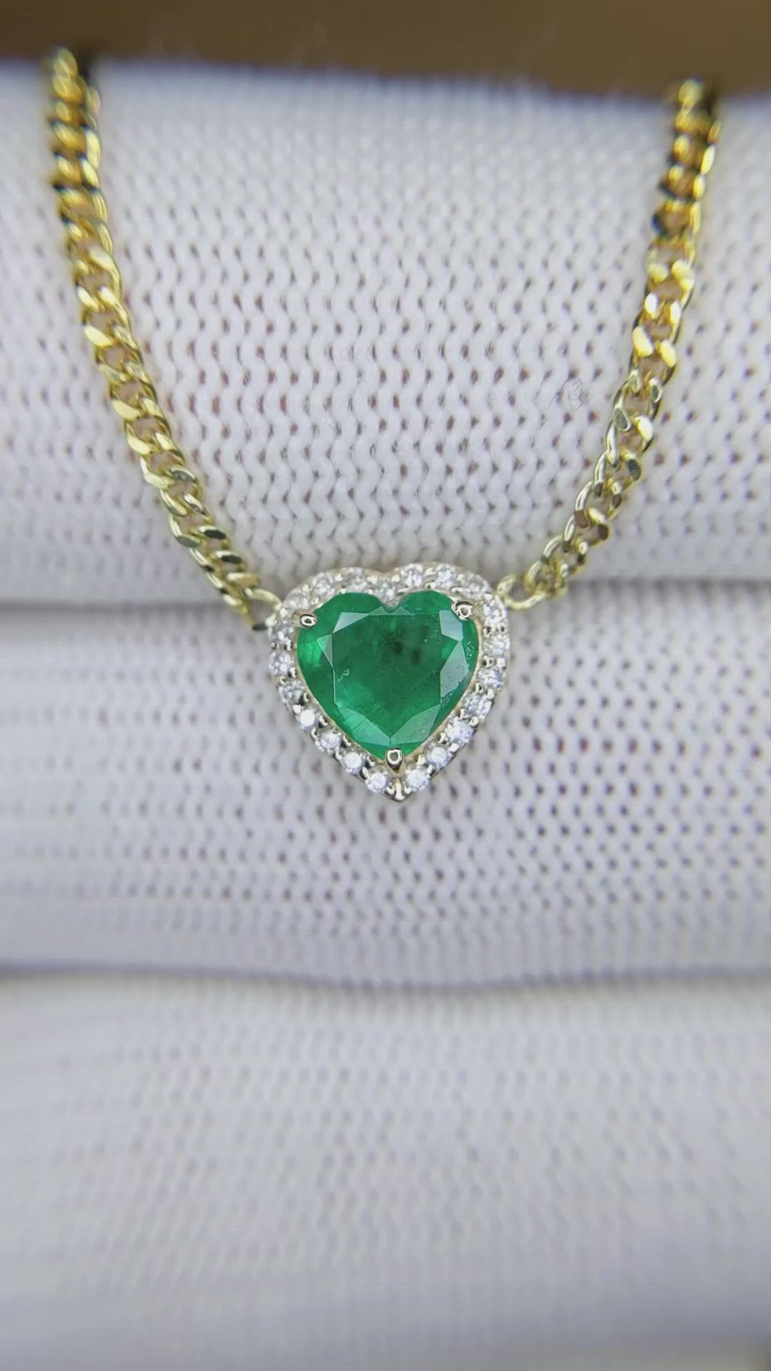 1.02 Ct. Emerald and Natural Diamond Halo Necklace, 14K Yellow Gold Size Video
